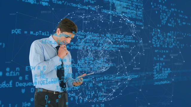 Business man using a touchscreen tablet and a digital sphere