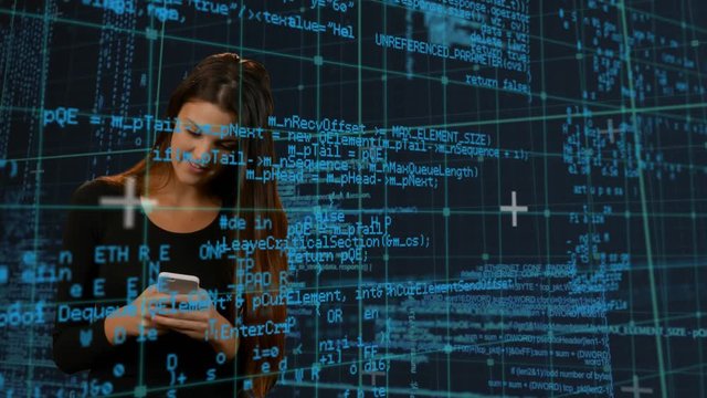 Woman using a smart phone and program codes