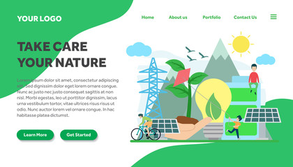 Fototapeta premium ecology and environment creative illustration vector for landing page , small people in ecology and environment illustration vector , save the planet, save energy, Earth Day landing page