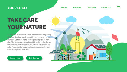 ecology and environment creative illustration vector for landing page , small people in ecology and environment illustration vector , save the planet, save energy, Earth Day landing page