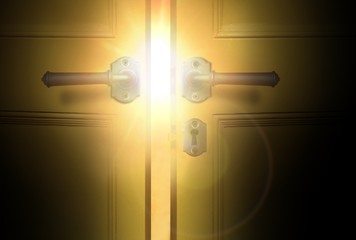 Open yellow door with bright sunlight beam passing throught