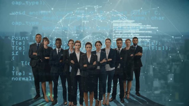 Business people in suits and digital sphere