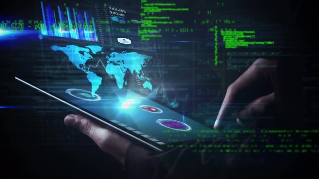 Man using digital tablet and program codes