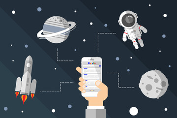 Flat design, Hand holding a smartphone in the search page, Science and space, moon, rocket, Astronaut , planet, Vector illustration, Infographic Element