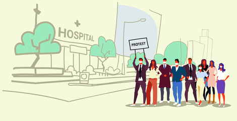 businesspeople group holding protest placard signboard people crowd standing together demonstration concept hospital building exterior cityscape background sketch doodle horizontal full length