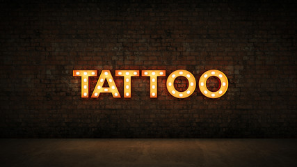 Neon Sign on Brick Wall background - Tattoo. 3d rendering
