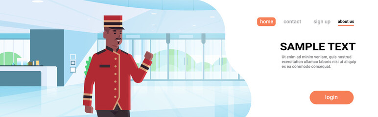 happy bellman male worker in uniform hotel service concept modern reception area lobby interior african american cartoon character portrait copy space horizontal flat