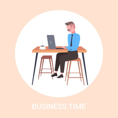 Fototapeta premium businessman sitting at workplace desk business man using laptop working process concept flat full length