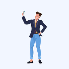 man taking selfie photo on smartphone camera casual businessman male cartoon character posing flat full length