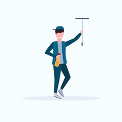 male janitor in uniform holding shower wiper squeegee and spray plastic bottle man cleaner wiping glass cleaning service concept full length flat white background