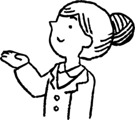 Monochrome Illustration of hand drawn cute woman pointing sideways