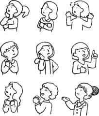 Monochrome Illustration of hand drawn cute woman pointing sideways set