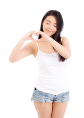 Beautiful asian woman show heart shape with hand, portrait girl model isolated on white background, healthcare concept.