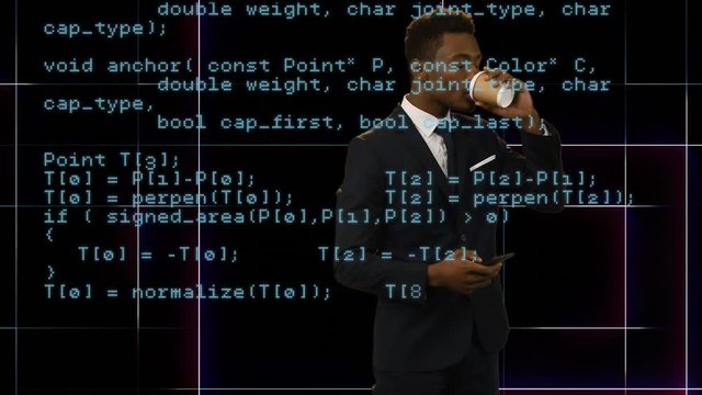 Businessman using a smart coffee while drinking coffee