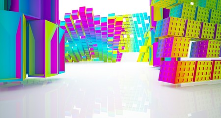 Abstract white and colored gradient parametric  interior  with window. 3D illustration and rendering.