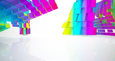 Abstract white and colored gradient parametric  interior  with window. 3D illustration and rendering.