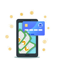 Money transfer with flat smartphone and credit card and coins isolated on white background. Online banking, mobile payment with nfc technology. Passive income, return on investment, receive money.