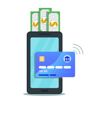 Internet banking concept. Flat design of online mobile payment via credit card with nfc technology. Secure shopping wireless pay transaction through smartphone isolated on white background.