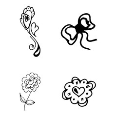 Flowers and hearts hand drawn doodle collection isolated on white background. 4 floral graphic elements. Big vector set. Outline collection