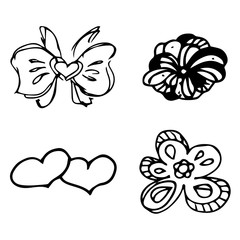 Flowers and hearts hand drawn doodle collection isolated on white background. 4 floral graphic elements. Big vector set. Outline collection