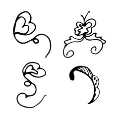 Flowers and hearts hand drawn doodle collection isolated on white background. 4 floral graphic elements. Big vector set. Outline collection