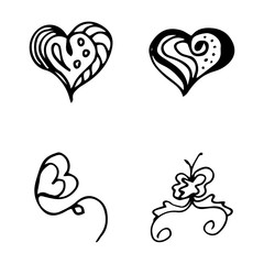 Flowers and hearts hand drawn doodle collection isolated on white background. 4 floral graphic elements. Big vector set. Outline collection