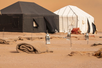 Beautiful camp sitting in the dunes of the Sahara Desert