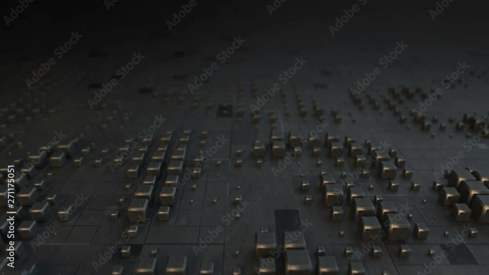 Poster dolly shot of black metallic blocks on plane. abstract futuristic industry concept. seamless loop 3d
