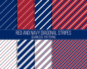 red and navy diagonal stripes, seamless patterns set