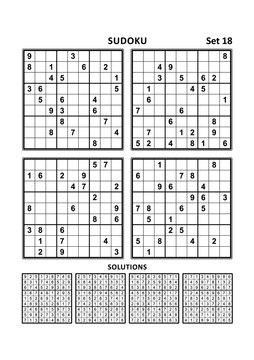 Four sudoku puzzles of comfortable (easy, yet not very easy) level, on A4 or Letter sized page with margins, suitable for large print books, answers included. Set 18.