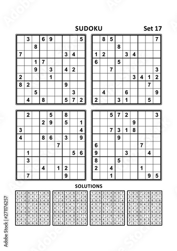 four sudoku puzzles of comfortable easy yet not very easy level on a4 or letter sized page with margins suitable for large print books answers included set 17 4 wall mural ratselmeister