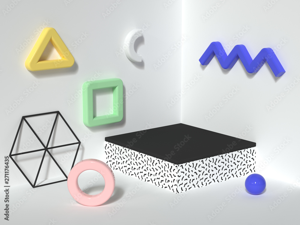 Poster wall floor corner white scene minimal abstract 3d render podium background with colorful geometric s