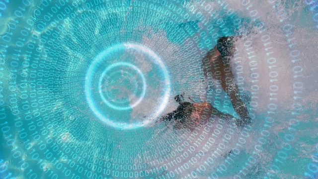 Couple jumping in the water with binary codes