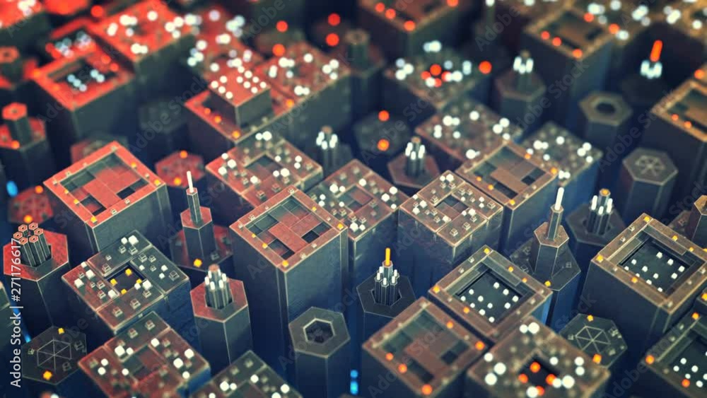 Poster flying over industrial microworld. futuristic technical machinery. seamless loop 3d render animation