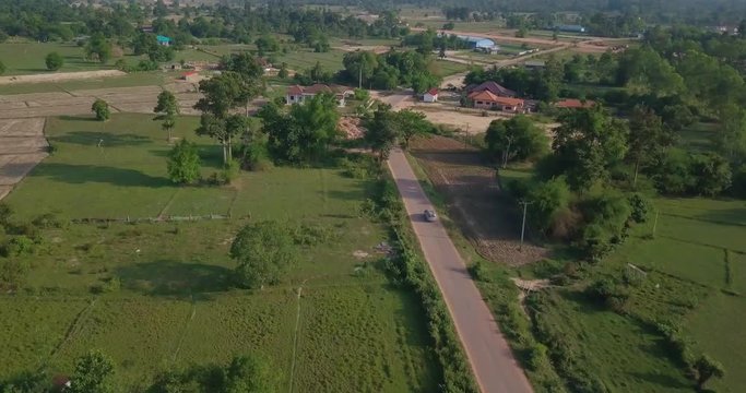 following car on road between trees in sunset among green fields with drone