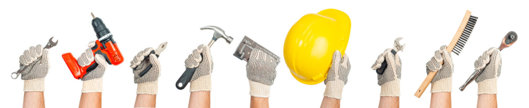 Hands Holding Construction Tools Isolated On White Background.