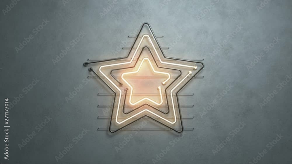 Poster neon light star symbol on concrete wall. 3d render seamless loop animation