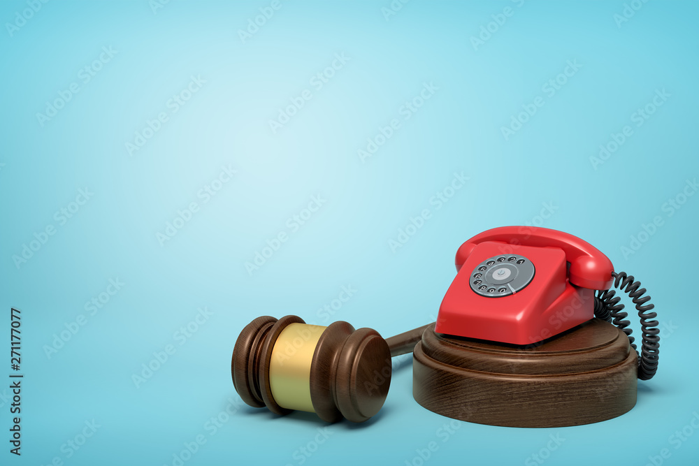 Poster 3d rendering of red retro telephone standing on sounding block with gavel beside on light-blue backg