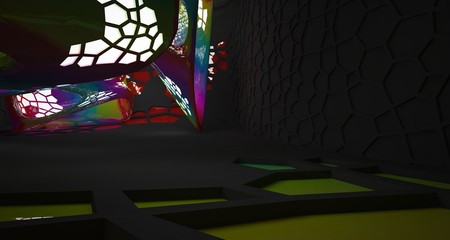 Abstract  Colored Gradient and Black Parametric Futuristic Sci-Fi interior With White Glowing Neon Tubes . 3D illustration and rendering.