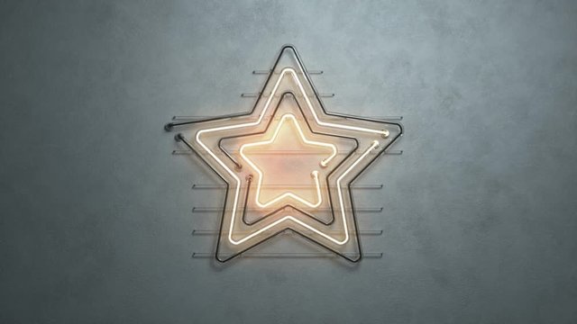 Neon light star symbol on concrete wall. 3D render seamless loop animation