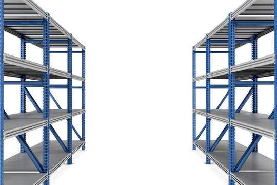 3d rendering of two empty metal rack shelves isolated on white background