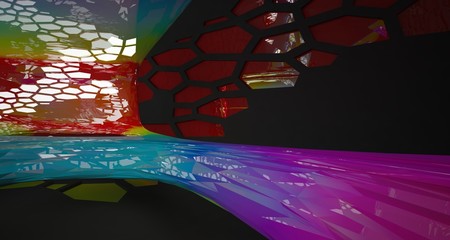 Abstract  Colored Gradient and Black Parametric Futuristic Sci-Fi interior With White Glowing Neon Tubes . 3D illustration and rendering.