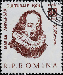Philosopher Francis Bacon on old romanian stamp