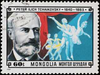 Portrait of composer Tchaikovsky on mongolian postage stamp
