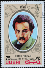 Portrait of poet Khalil Gibran on postage stamp