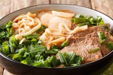 Lanzhou Beef Noodle Soup or Lanzhou Beef Lamian is a type of a very spicy soup of sliced beef, radish, red chili oil and herbs closeup. horizontal