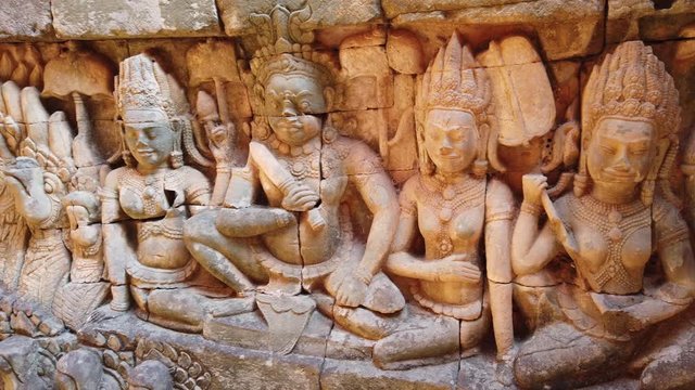 Ancient bas-relief on the walls of the Terrace of the Leper King, Angkor archaeological Park, Siem reap, Cambodia.