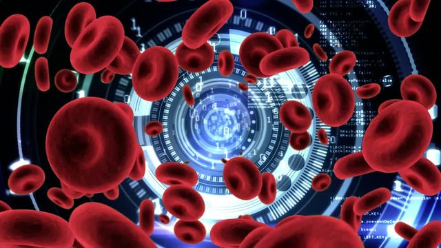 Red blood cells and futuristic circle with binary codes
