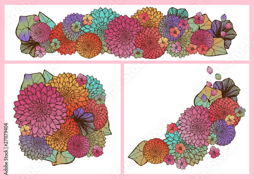 和柄の背景素材 レトロ アンティーク 和風 着物風 手書きの花柄 結婚式のフレーム素材 Wall Mural Ayumi Taka