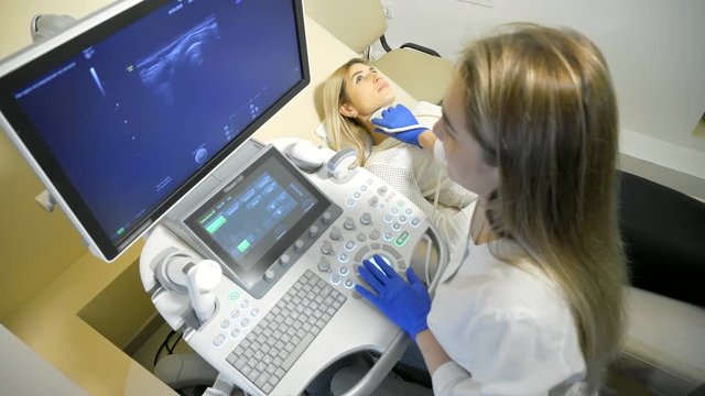 top view Doctor Taking A Sonogram Thyroid gland in modern clinic, camera rotate